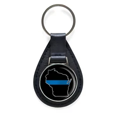 Law Enforcement Thin Blue Line Wisconsin State Black Leather Keychain Silver 