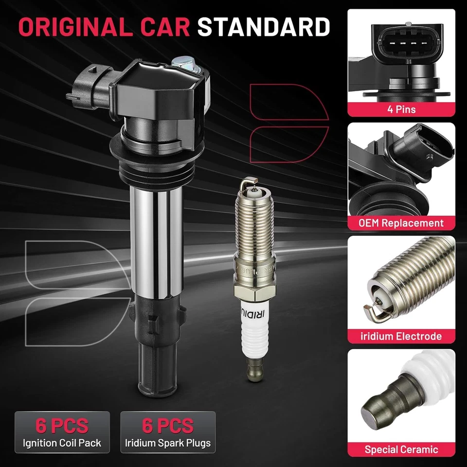 6 Ignition Coils Pack UF375 and Spark Plug For 2004-2009 Cadillac CTS 3.6L V6 - Image 2 of 4