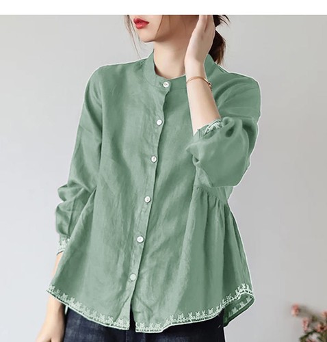 Retro Cotton Linen Womens Long Sleeve Stand Collar Shirt Button Loose Style Tops - Bild 17 von 24