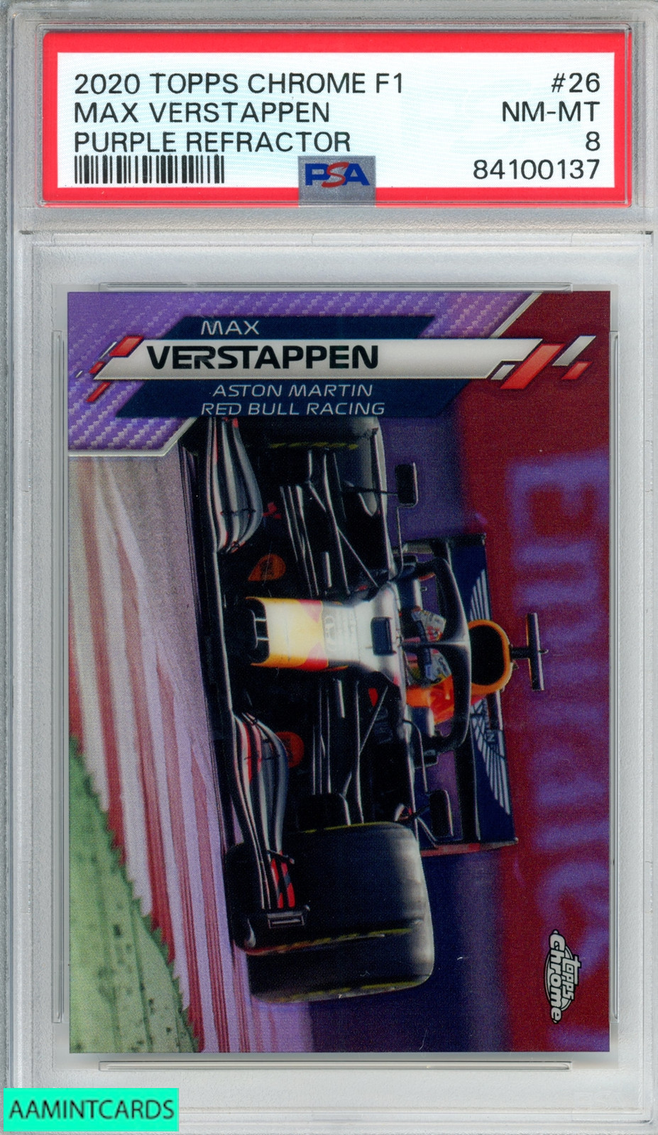 2020 TOPPS CHROME FORMULA 1 MAX VERSTAPPEN #26 PURPLE REFRACTOR 274 OF 399 PSA 8