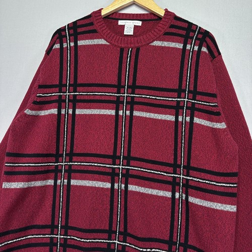 Geoffrey Beene, VTG 1990s Knit Sweater - Geoffrey Beene - Red Black - Plaid - Mens XL
