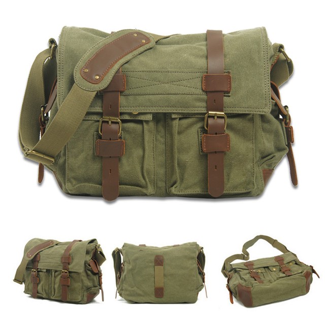2018 Men/'s Vintage Canvas Leather Satchel School Military Shoulder Messenger Bag