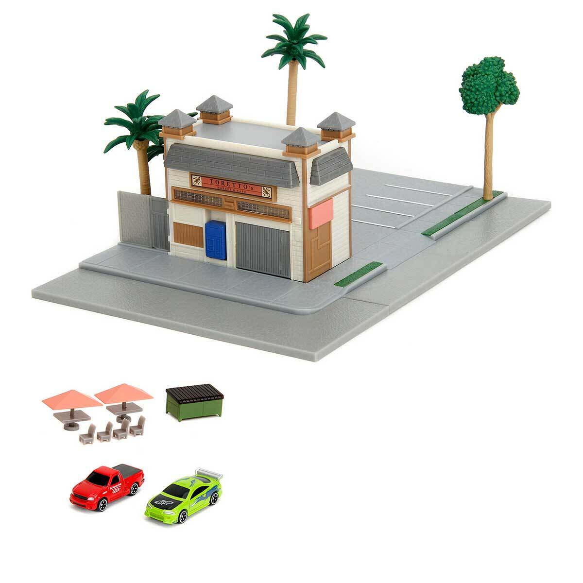 カフェのジオラマ DEMITASSE COFFEE フェラーリ、マツダ、キット Jada Fast & Furious Nano Scene: Toretto Market/Café Diorama Set
