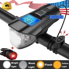 LED Bicycle Headlight Bike Front Rear USB Rechargeable Light w/ Horn Speedometer