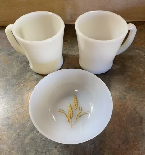 3 Piece Fire King Lot 2 Ivory D Handle Mugs & Small Oven Ware Bowl/ Wheat Design