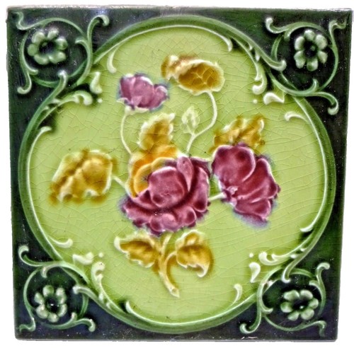 Lot De 4 Carreaux De Céramique Majolique Vintage - Art Nouveau, Fleurs Violettes, Angleterre