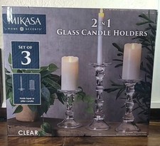 Mikasa 2 In 1 Glass Candle Holders Set Of 3 Holds Taper Or Pillar Candles. NOB