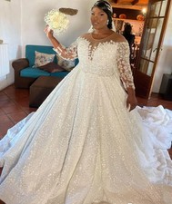 Sparkly Beading Crystals Pearls Wedding Dresses Long Sleeve Glitter Bridal Gowns