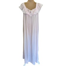 Vintage 80's Miss Elaine Pink Nylon Embroidered Nightgown Ruffled Maxi Cottage