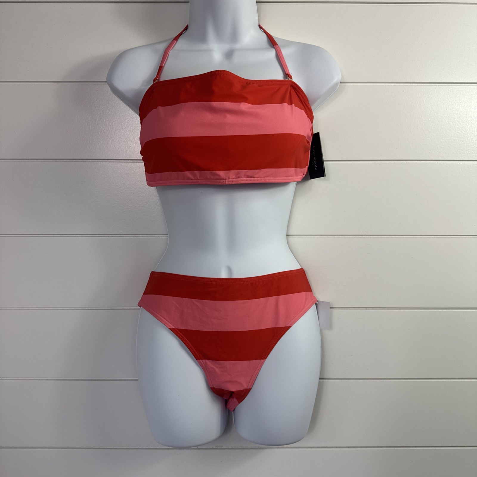 NWT Kate Spade Bandeau Bikini Swimsuit Fresh Tomato Stripe sz L