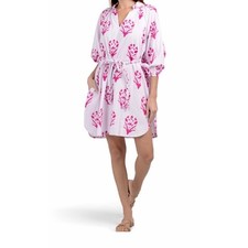 Caryn Lawn Pippi Dress Pink Floral Block Print Puff Sleeve Belted Mini OS NEW