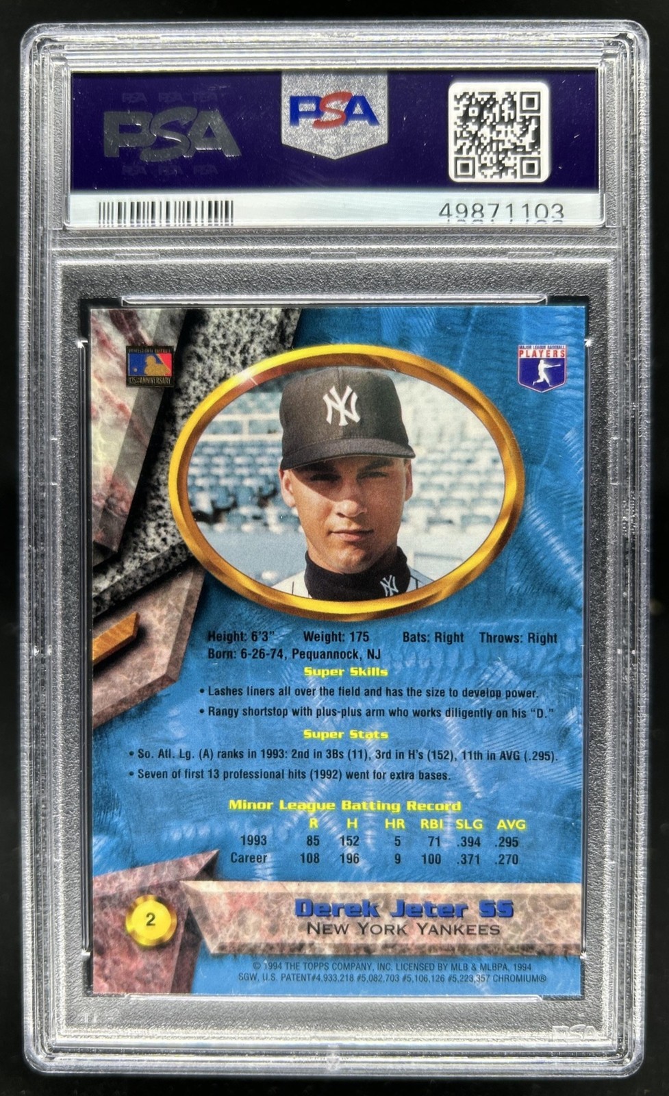 1994 Bowman's Best Derek Jeter #2 New York Yankees PSA 10 GEM MINT view 2