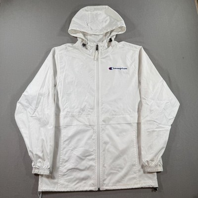 Champion Stadium Jacket Mens Small White Full Zip Rain Packable V1015 Hooded