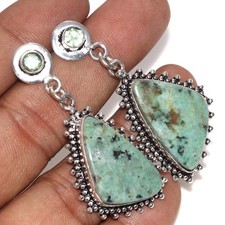 Stud Long African Turquoise Drop Tsavorite 925 Silver Plated Earrings 1.8