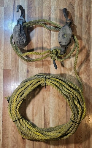 Vtg Wood and Iron Block and Tackle Double Pully System with 3/4" 3 Strand Rope - Picture 1 of 22
