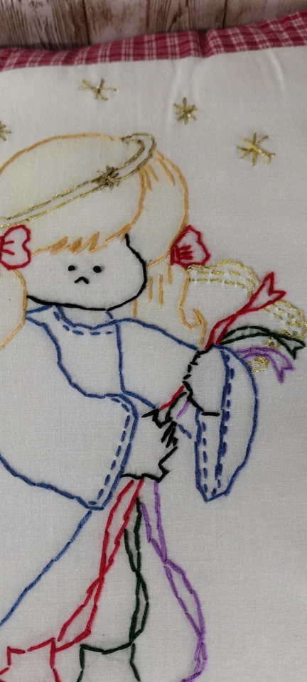 Almohada Ángel Vintage Punta de Aguja Estrellas Cuadros Hecha a Mano 14x14" Foto 4 de 4