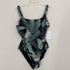NWT Jantzen One Piece Ruched Swimsuit Tropical Leaf Print Size 14 Green Black