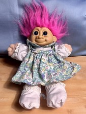 Vintage Russ Troll Kid Doll Pink Hair Floral Dress Plush Cloth Body 1992 14"