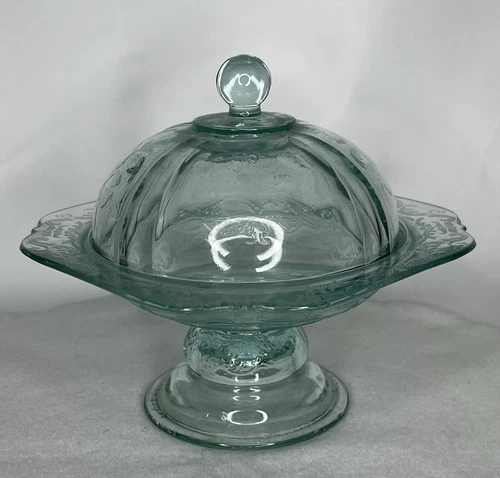 VINTAGE!! Federal Madrid Green  Round Covered Butter Depression Glass Dome Dish