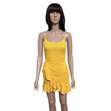 SHEIN Dress Women’s Sz XS Yellow Ribbed Knit Wrap Ruffle Mini Spaghetti Strap