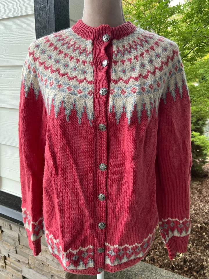Vintage Handmade Pink Fair Isle Wool Cardigan Sweater L - Image 3 of 4