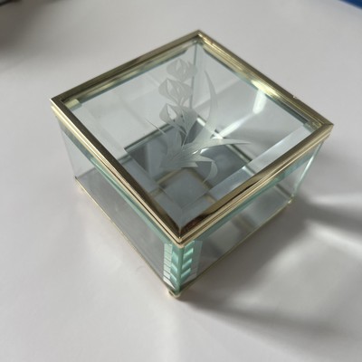 Vintage Brass & Beveled Glass Jewelry Box Engraved Reeds  4*4