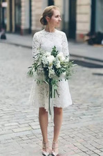 Short Summer Wedding Dress Long Sleevess Lace Bridal Gown A-Line Vintage garden
