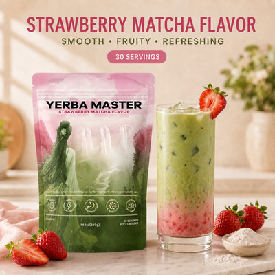 Yerba Mate Tea Powder, Strawberry Matcha, Lion's Mane & L-Theanine, 30 Servings
