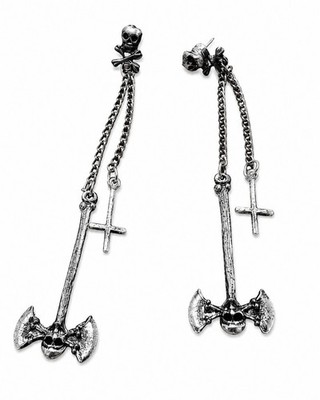 Gothic Skull & Double Axe Dangle Earrings Silver Tone Cross Chain Punk Emo