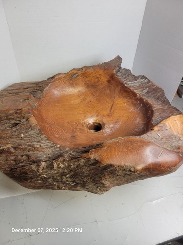 Rustic Live Edge Hand-Carved Wood Vessel Sink Bowl Natural Log Style