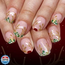 Christmas Press on Nails Short Square Fake Nails with Gold Glitte
