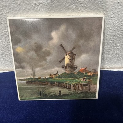 VTG PAINTED GRAPHIC DECORATIVE HOLLAND CERAMIC TILE 6'' X 6''  WINDMILL Germany