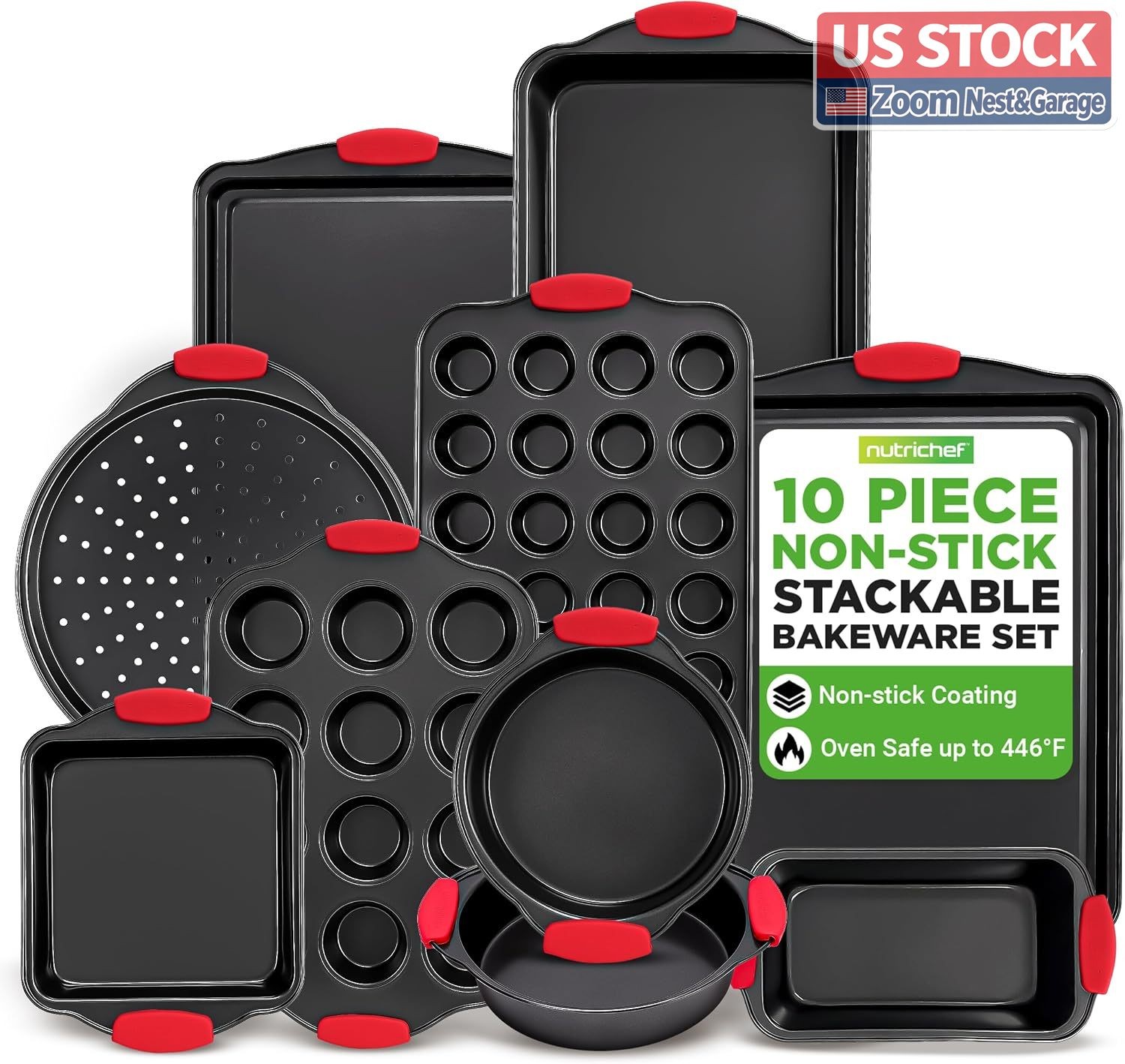 US Stock NutriChef 10 Piece Nonstick Bakeware Set Carbon Steel Silicone