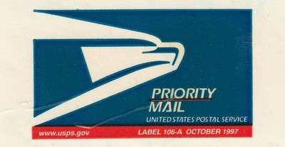USA Priority Mail label 107R Oct 1997 printed on sellotape