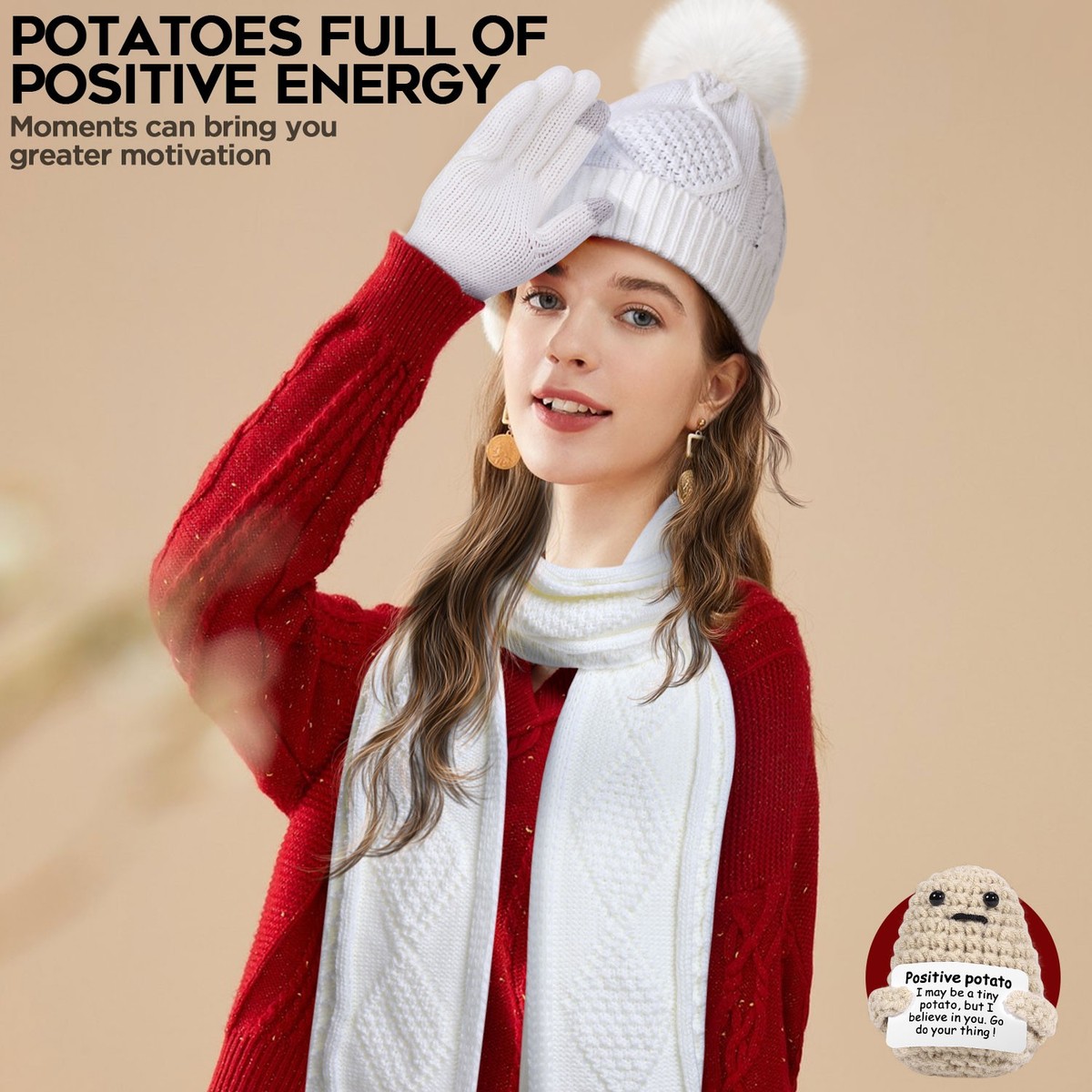Winter Beanie Hat Scarf Gloves Set for Women Pom Pom Beanie Touchscreen Gloves Winter Hat Scarf and Gloves Set-pom Pom Beanie Infinity  main image 2