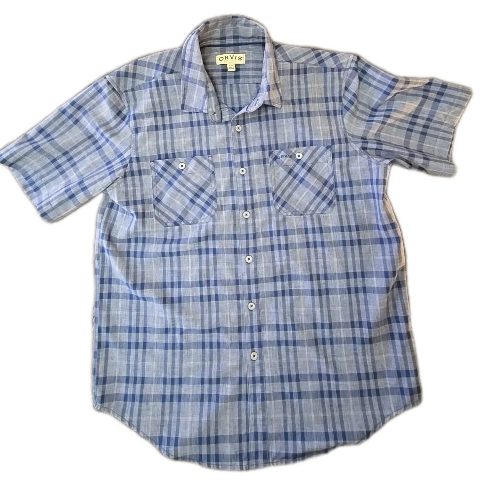 Orvis Shirt Mens Large Blue Plaid Short Sleeve Fishing Tech Casual Hiking Vented
