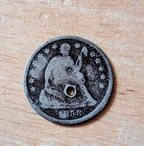 1858 SEATED LIBERTY HALF DIME - DRILLED SILVER - COOL & CHEAP!