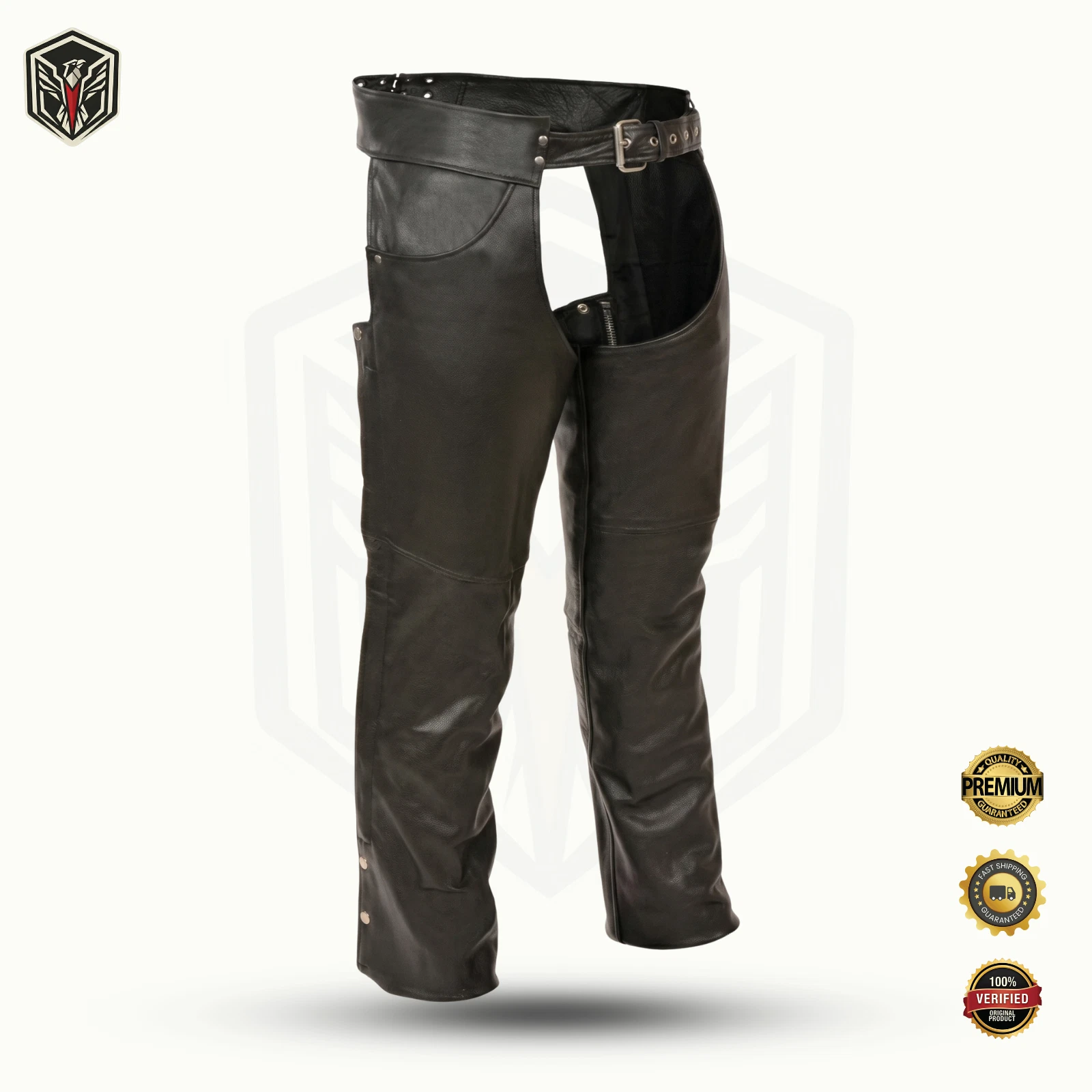 Mens Black Leather Motorcycle Chaps Pocket Adjustable Belt Biker Pants Trousers