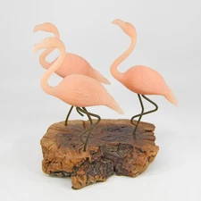 Vtg John Perry 3 Pink Flamingo Birds on Driftwood Burl Wood Sculpture 1980s 6"
