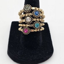 Gold Tone Multi-colored Round Rhinestones Stacking Rings Set Of Five