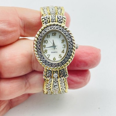Accutime Bracelet Watch Womens Quartz Two-Tone Rhinestone Oval Dial PC21J Japan