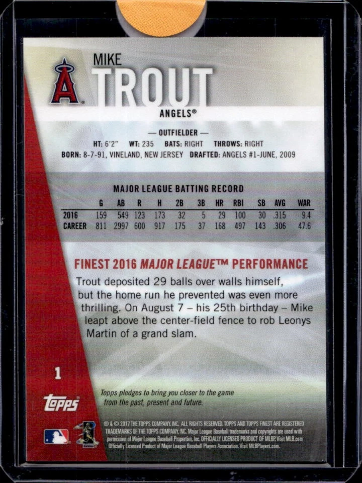 2017 Finest Mike Trout Refractor #1 Angels - Image 2 of 2