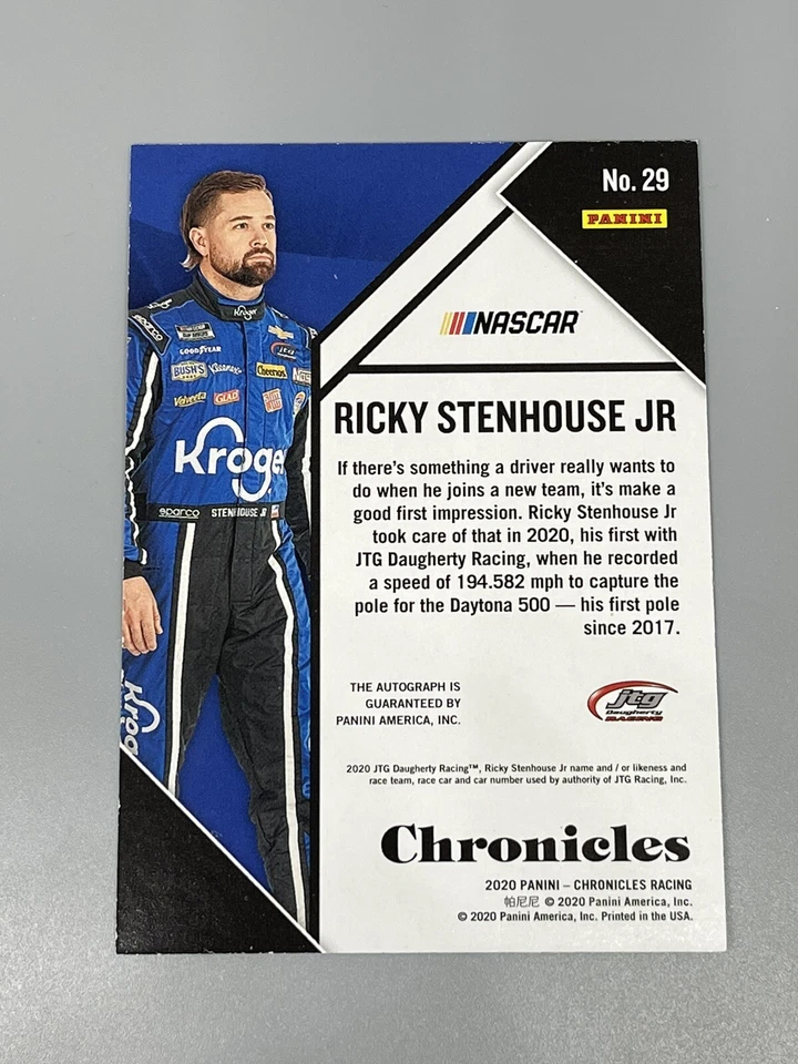 Ricky Stenhouse Jr 2020 Panini Chronicles Racing NASCAR /10 Gold Auto On Card - Image 2 of 2
