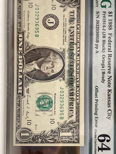 $1 1988 FRN Kansas City OFFSET PRINTING ERROR, Fr#1914-J,  PMG 64 EPQ,  Rare！ - Picture 1 of 4