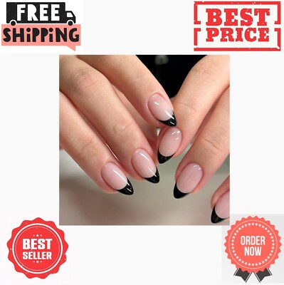 24Pcs French Tip Press on Nails Almond,Fake Nails with French Design