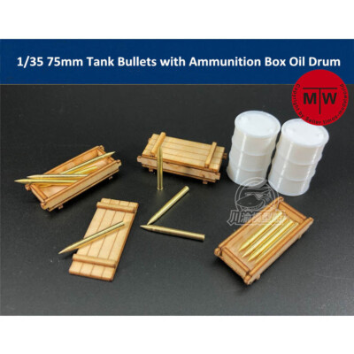 1/35 Scale 75mm Tank Bullets Metal Model with Ammunition Box Oil Drum