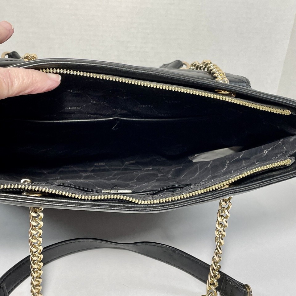 ALDO Black Quilted Shoulder Bag Purse Tote Gold Tone Chain Handles