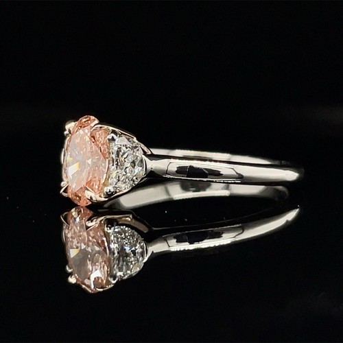 Fancy Vivid Oval Pink Diamond Lab Grown Ring W 2 Half Moons In Platinum - Picture 4 of 7