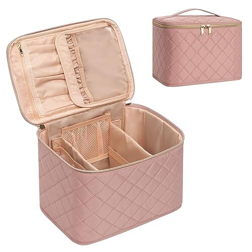 Makeup Bag,Large Travel Makeup Bag Organizer Cosmetic Embossed Rhombus Pink