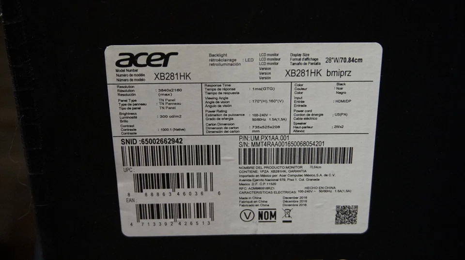 Acer Predator XB1 28 in Monitor XB281HK 4k, G-Sync, 1ms, 60hz, TN unopned - Image 3 of 3